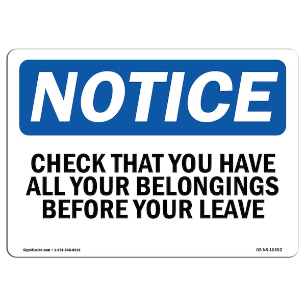 OSHA Notice Sign, 3.5" Height, Check That You Have All Your Belongings Sign, Landscape, 10PK